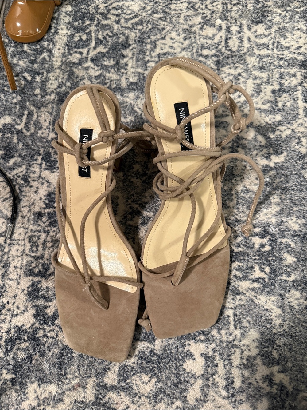 Nine West Taupe Suede Lace-Up Square Toe Heels